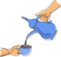 enda kontinuerlig linje teckning hand häller varm svart kaffe från traditionell arabicum kaffe pott in i kopp. bryggning kaffe på familj fest. rostfri stål pott. ett linje dra design illustration png