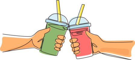 Single one line drawing two hands holding plastic cup bubble tea is toasting and clinking. Brown sugar flavor tapioca pearl bubble milk tea with glass straw. Continuous line draw design graphic png