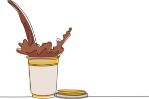 Single one line drawing pouring coffee into paper cup causing splash. Coffee pouring into disposable paper cup and creating splashes. Modern continuous line draw design graphic illustration png