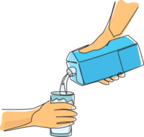 Continuous one line drawing hand holding carton of milk poured into glass. Hand hold milk box and pour milk into glass. Splash of milk drop from carton box. Single line draw design illustration png