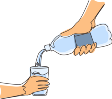 Single einer Linie Zeichnung Hand halten Plastik Flasche von Wasser, Gießen Wasser in Glas. cool Mineral natürlich trinken. Glas und Flasche halten im Hand. kontinuierlich Linie zeichnen Design Illustration png