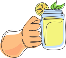 Continuous one line drawing hands hold refreshing detox lemonade drink with sliced lime, lemon, mint. Summer healthy fruit drink. Healthy lemon drink mug. Single line draw design illustration png