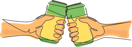 Single continuous line drawing couple is toasting with aluminum can and drink soda. Close-up cropped view of two human hands holding can and toast. One line draw graphic design illustration png