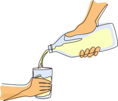 Continuous one line drawing woman's hand pours fresh milk from glass bottle into glass. The concept of healthy dairy products with calcium. Morning routine. Single line draw design illustration png