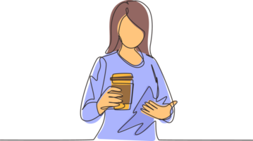 Single continuous line drawing beautiful young woman holding and showing paper cup of hot coffee on street city. Enjoys leisure time, dressed in stylish clothes. One line draw graphic design png