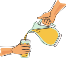 Continuous one line drawing hand pouring orange juice from jug with ice into glass. Splashing and pouring fresh orange juice in glass from pitcher. Single line draw design graphic illustration png