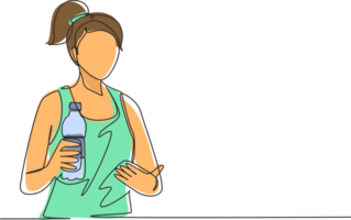 Single one line drawing cute woman holding and showing water in plastic bottle and ready to drink. Relaxing and enjoying life on air. Disposable bottle. Continuous line draw design illustration png