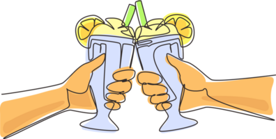 Single one line drawing close-up cropped view of people clinking with glasses of milkshake. Couple is toasting with glass and drink milkshake. Continuous line draw design graphic illustration png