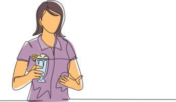 Single continuous line drawing young girl holding and showing glass of milkshake in office. Attractive lady having break at work and drink milkshake with slice of orange. One line draw design png