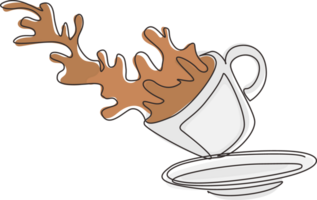 Single continuous line drawing coffee splashing out of cup. Cup of tea with tea and splashes. Splash of tea in the falling cup. Splash coffee in white cup. Dynamic one line draw graphic design png
