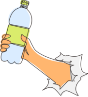 Single one line drawing hand holding plastic bottle of pure drinking water refreshing, splash through torn white paper. Hungry and thirsty concept for good health. Continuous line draw design png