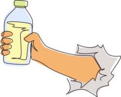 Single one line drawing hand holding fresh milk on bottle glass packaging healthy drink product through torn white paper. Fresh milk for health food. Continuous line draw design illustration png