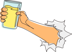 Continuous one line drawing hand holding glass with lemonade fruit juice through torn white paper. Drink made of fresh lemon juice. Juicy orange water. Relaxing time. Single line draw design png