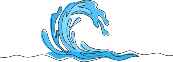 Continuous one line drawing water splashes wave twirl isolated surge blue sparks breaker. Wave curly shapes icon symbol on white background. Single line draw design graphic illustration png