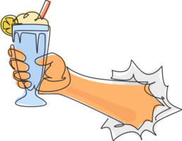 Single one line drawing hand holds glass milkshake with whipped cream through torn white paper. Cold soft drink for summer. Sweet beverage. Tasty and yummy fast food continuous line draw design png