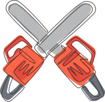 Continuous one line drawing crossed chainsaws isolated on white background. Tool woodcutter symbol. Two crossed chainsaws for lumberjack icon. Single line draw design graphic illustration png