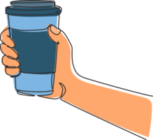 Single one line drawing hands in side view hold paper to go take away coffee or tea cups. Hand holding reusable mug of hot coffee. Zero waste. Continuous line draw design graphic illustration png