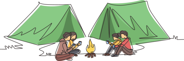 Continuous one line drawing two couple camping around campfire tents. Group of man woman sitting on ground and drinking hot tea getting warm near bonfire. Single line draw design illustration png