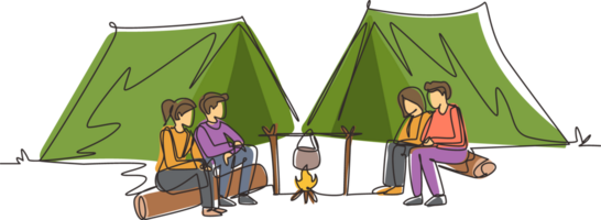 Continuous one line drawing two pair man woman hikers sitting on log cooking water in boiling pot. Group of people at campfire near camp tent camping nature mountains. Single line draw design png