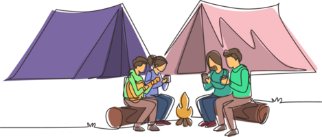 Continuous one line drawing two pair man and woman getting warm near bonfire. Group of people camping drinking tea sitting on logs and man playing guitar. Single line draw design illustration png