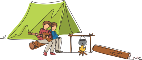 Single one line drawing couple hikers sitting on log cooking water in boiling pot, man playing guitar at bonfire near camp tent camping nature mountain. Continuous line draw design illustration png