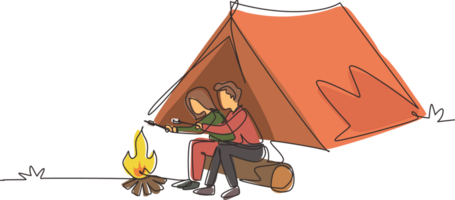 Single one line drawing happy romantic couple summer camp. Man woman sitting by fireplace on log. Bonfire with marshmallow. Outdoor vacation in forest. Continuous line draw design illustration png