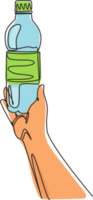 Single continuous line drawing man squeezes in his hand an empty plastic bottle on white background. Plastic problem and failure or disposal and recycling. One line draw design illustration png