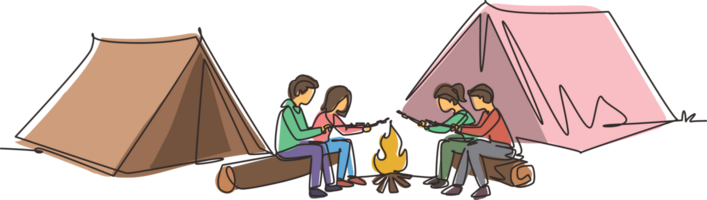 Single continuous line drawing friends sit on logs by campfire. Young tourists, campers in forest. Students roast marshmallows. Night camping entertainment. One line draw design illustration png