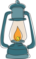 single doorlopend lijn tekening wijnoogst camping lantaarn. retro gas- lamp met gloeiend brand lont. omgaan met gas- lampen voor toerist hiking. een lijn trek grafisch ontwerp illustratie png