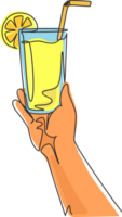 Single continuous line drawing hand holding glass with lemon fruit juice. Sweet beverage. Tasty and yummy food. Juicy water with straw, delicious treatment organic product. One line draw design png