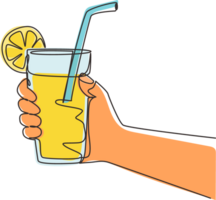 Single continuous line drawing lemonade served with ice cubes, hand holding refreshing beverage glass. Drink made of fresh lemon juice. Juicy water with straw. One line draw graphic design png