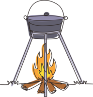 Single one line drawing cooking dinner in camping pot over bonfire. Cauldron and campfire. Outdoor grass, branch, stones. outdoor nature picnic. Continuous line draw design graphic illustration png