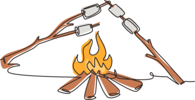 Single continuous line drawing roasting marshmallow on bonfire at night. Campfire and stick branches with roasted marshmallows. Fun summer camping activity. One line draw design illustration png