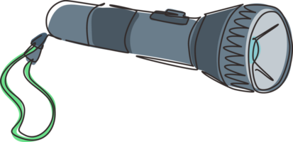 singolo uno linea disegno tasca torcia elettrica. leggero fonte per individuale uso. luminoso flusso, fascio messa a fuoco. illuminazione oggetto nel il scuro. elettrico lampada batteria alimentato. continuo linea disegnare design png