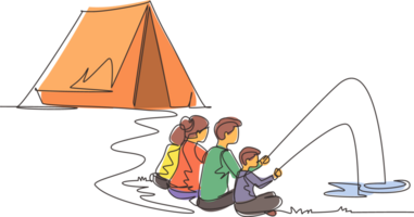 Continuous one line drawing happy family camping. Man, woman, children, family hikers fishing with fishing rod. Summer camper vacation near river in forest. Single line draw design illustration png