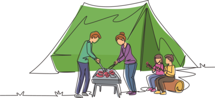 doorlopend een lijn tekening gelukkig vier familie leden zijn hebben barbecue in de berg. vader, moeder en kinderen hiking, reizen en camping Bij natuur. single lijn trek ontwerp illustratie png