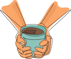 enda ett linje teckning kopp av te i händer av män. man uppvärmningen händer rörande en varm kopp av te. tid koppla av i de morgon- med te eller kaffe. kontinuerlig linje dra design grafisk illustration png