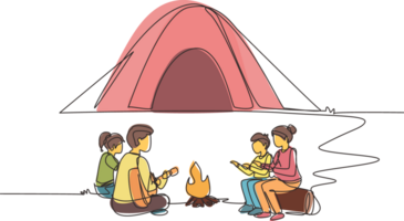 Single one line drawing camping family warm their bodies around campfire tents. Dad playing guitar, mom and kids sitting on ground and logs, sing song. Continuous line draw design illustration png