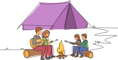 Single continuous line drawing hiker family sit by campfire. Tourist campers. Dad playing guitar, mom and kids roast marshmallows. Night camping entertainment. One line draw design illustration png