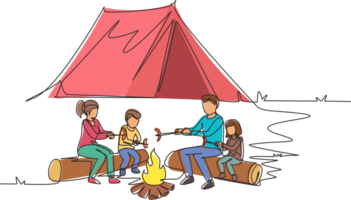 Continuous one line drawing happy family sit by campfire. Cheerful tourists, campers. Mom dad and kids roast sausage. Night camping adventure trip. Single line draw design graphic illustration png