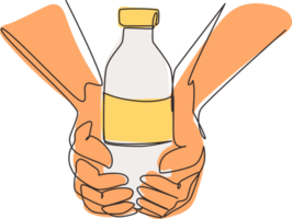 enda ett linje teckning händer håll glas flaskor av växt baserad laktos fri mjölk, har friska näring. icke mejeri alternativ dryck. modern kontinuerlig linje dra design grafisk illustration png