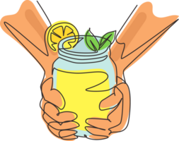 Single continuous line drawing hands hold refreshing detox lemonade drink with sliced lime, lemon, mint. Summer delicious lemonade in a vintage mug. One line draw graphic design illustration png