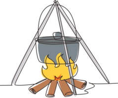 Continuous one line drawing black camping pot over a bonfire. Hot food cooking on campfire, brown cauldron kettle over fire with wood. Delicious fish soup. Single line draw design illustration png