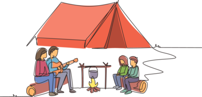 Single continuous line drawing happy family around campfire tent boil water in pot and sitting on logs. Dad playing guitar and sing song with mom and children. One line draw design illustration png