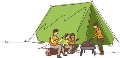 Single continuous line drawing happy family member are having barbecue in campsite. Father playing guitar, mother and kids preparing food for dinner at nature. One line draw design illustration png