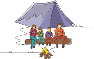 Single one line drawing active hiker family camping with campfire. Drinking hot tea sitting on logs in forest. Mom, dad, son and daughter. Family time. Continuous line draw design illustration png