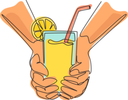 Single kontinuierlich Linie Zeichnung kalt Limonade mit Eis im männlich Hand gegen das Sommer- draussen Cafe. frisch Entgiftung Gemüse Orange Saft. gesund Lebensstil. einer Linie zeichnen Design Illustration png