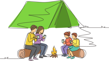 Single continuous line drawing happy family camping with campfire at night. Drinking tea sitting on logs in forest. Father, mother and children hiking concept. One line draw design illustration png