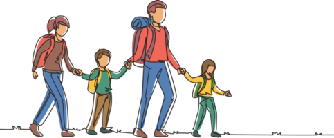 Single einer Linie Zeichnung glücklich Familie Reisen zusammen im Berge. Vater, Mutter und Kinder wandern, Urlaub und Camping mit Rucksack beim Natur. kontinuierlich Linie zeichnen Design Illustration png