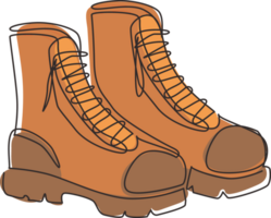 Single one line drawing tourist hiking boots icon. Trekking shoes. Outdoor activity men footwear. Outdoor leather boots symbol. Adventure shoes. Continuous line draw design graphic illustration png